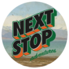 Next Stop Adventures Round Logo with postcard background