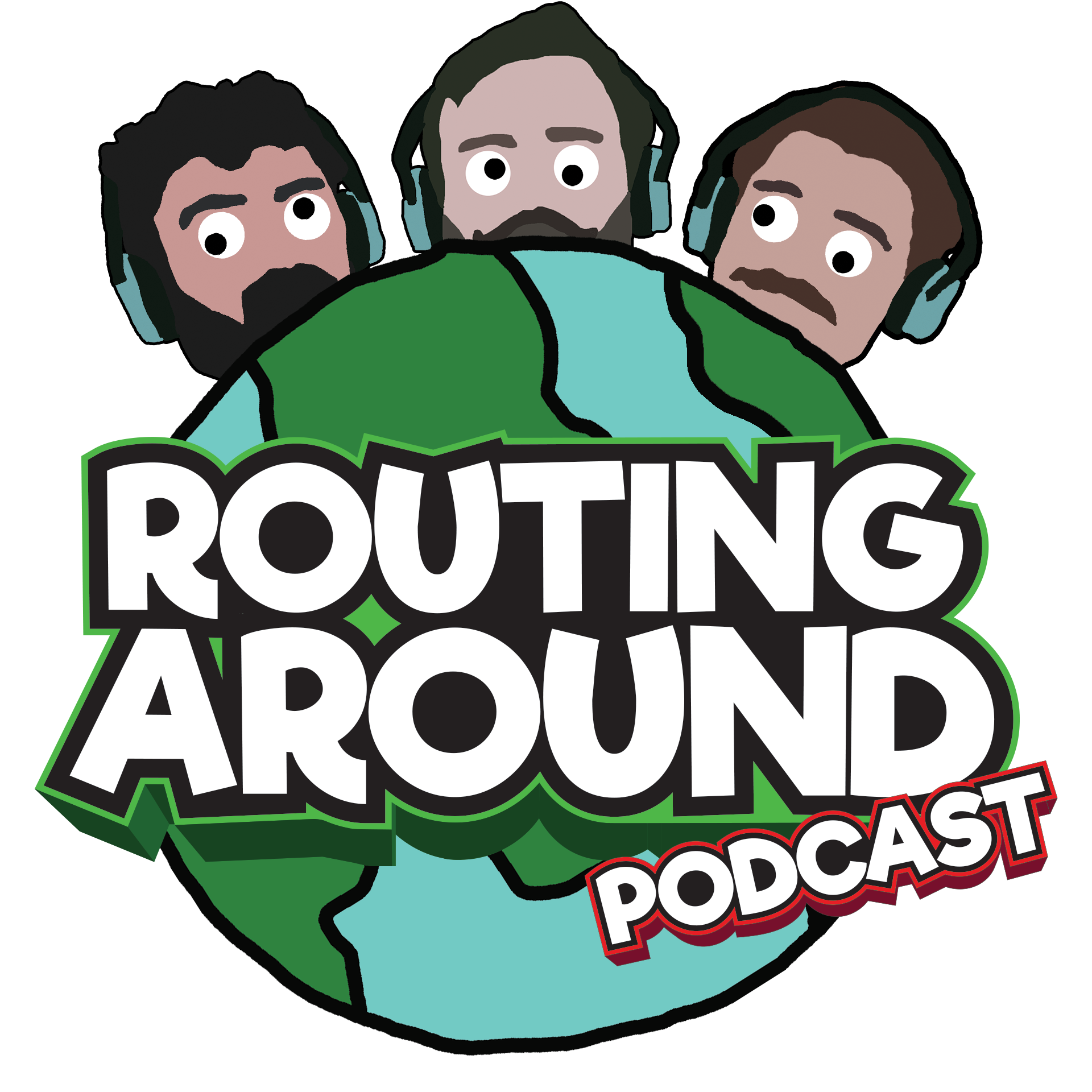 The Routing Around Podcast logo featuring a planet, the faces of podcast hosts Ed, Tom and Kevin as well as the words Routing Around Podcast.