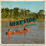 A square old school postcard with 2 Amazon Canoe Challenge participants paddling on a river in the Amazon. The Next Stop Adventures travel social media agency horizontal logo is superimposed over the picture of the adventurers.